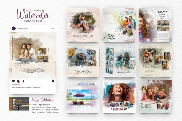Download Watercolor Collage Social Media Grid - Grid Collection