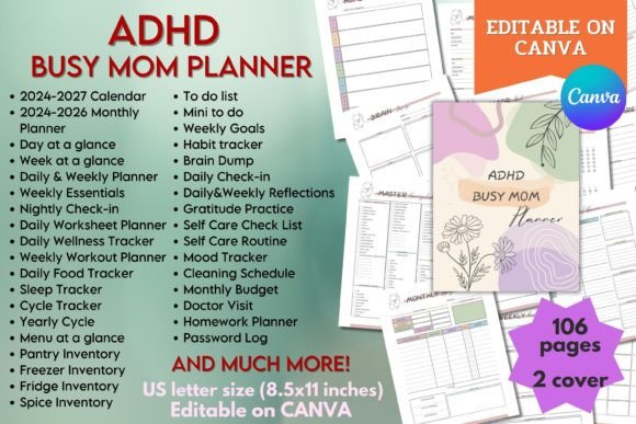 Download ADHD Busy Mom Planner - Canva Template - Template Collection